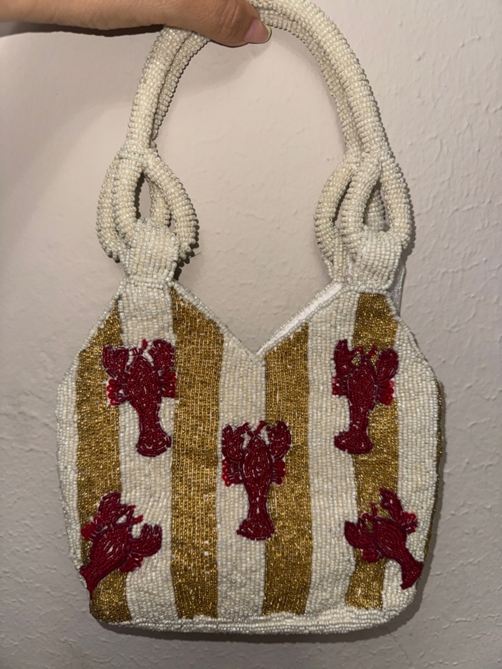 White Beaded Clutch with Gold Stripes & Red Lobster Motif